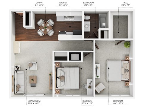 Floor plan for 2 beds, 1 bath, 816 sqft